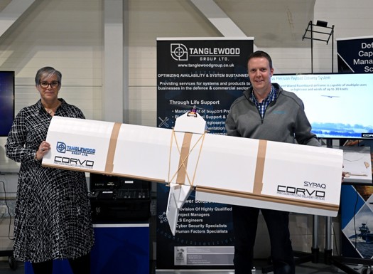 Sharon Brookes and Tanglewood Director Richard Glyn-Jones holding the Corvo drone.