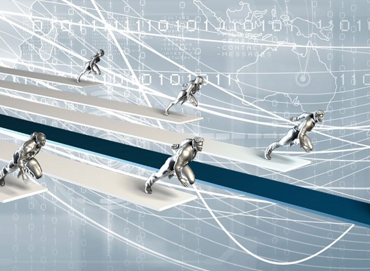 A cyber graphic showing silver figures racing with coding in the background.